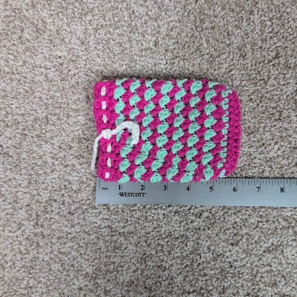 Handmade Crochet Soap Bag Hot Pink Mint Green Drawstring Pouch Exfoliating